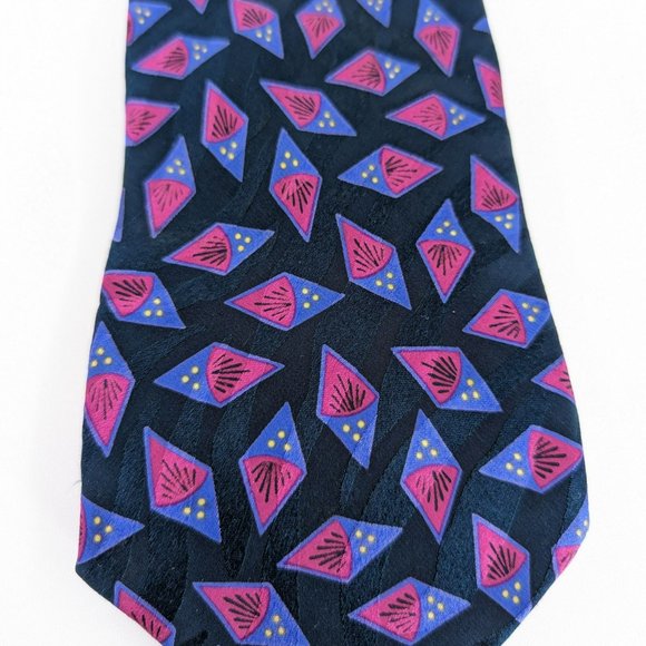 Serica Tie Black Pink Purple Yellow Art Deco Abstract Print Pure Italian Silk - Picture 4 of 7